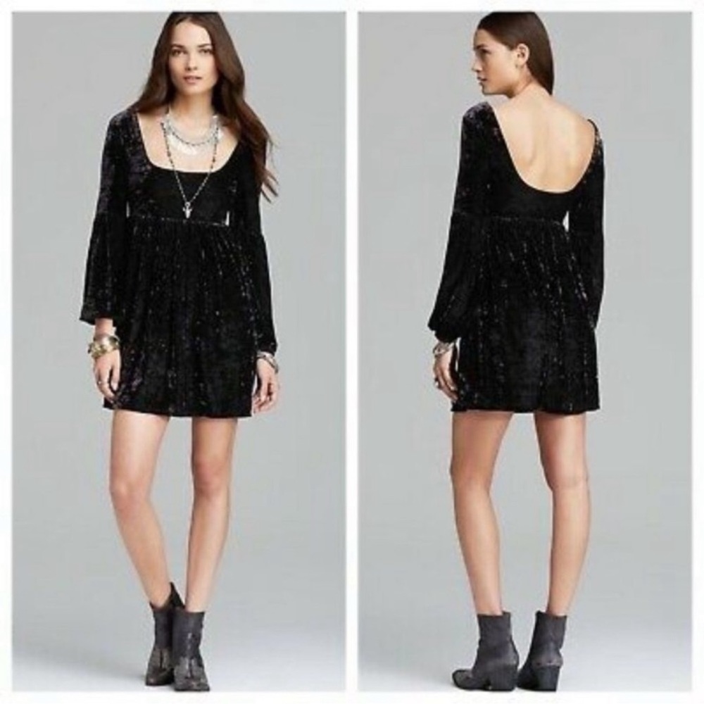 Free People “Oh so easy” Black Crushed Velvet Dress Sz XS